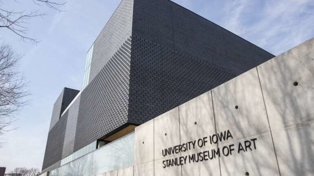 southeast corner of museum building with "University of Iowa Stanley Museum of Art" visible on wall in foreground