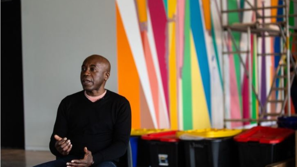 Artist Odili Donald Odita responds to questions from the media at the Stanley Museum of Art at the University of Iowa on Tuesday, April 12, 2022.