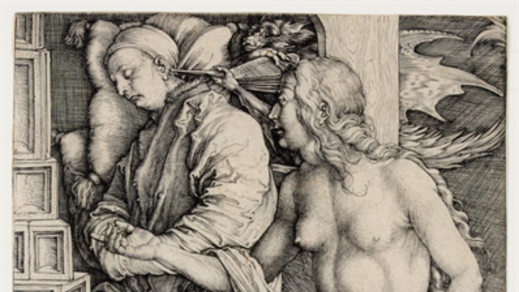 An image of Albrecht Durer's 1498 engraving, "The Temptation of the Idler (The Dream of the Doctor)." 