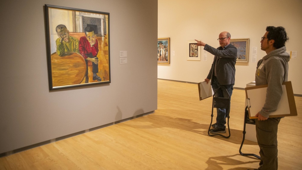 Iowa City Artist Robert Caputo instructs a participant of the Drawing Salon at the Stanley Museum of Art on Sunday, Oct. 29, 2023.