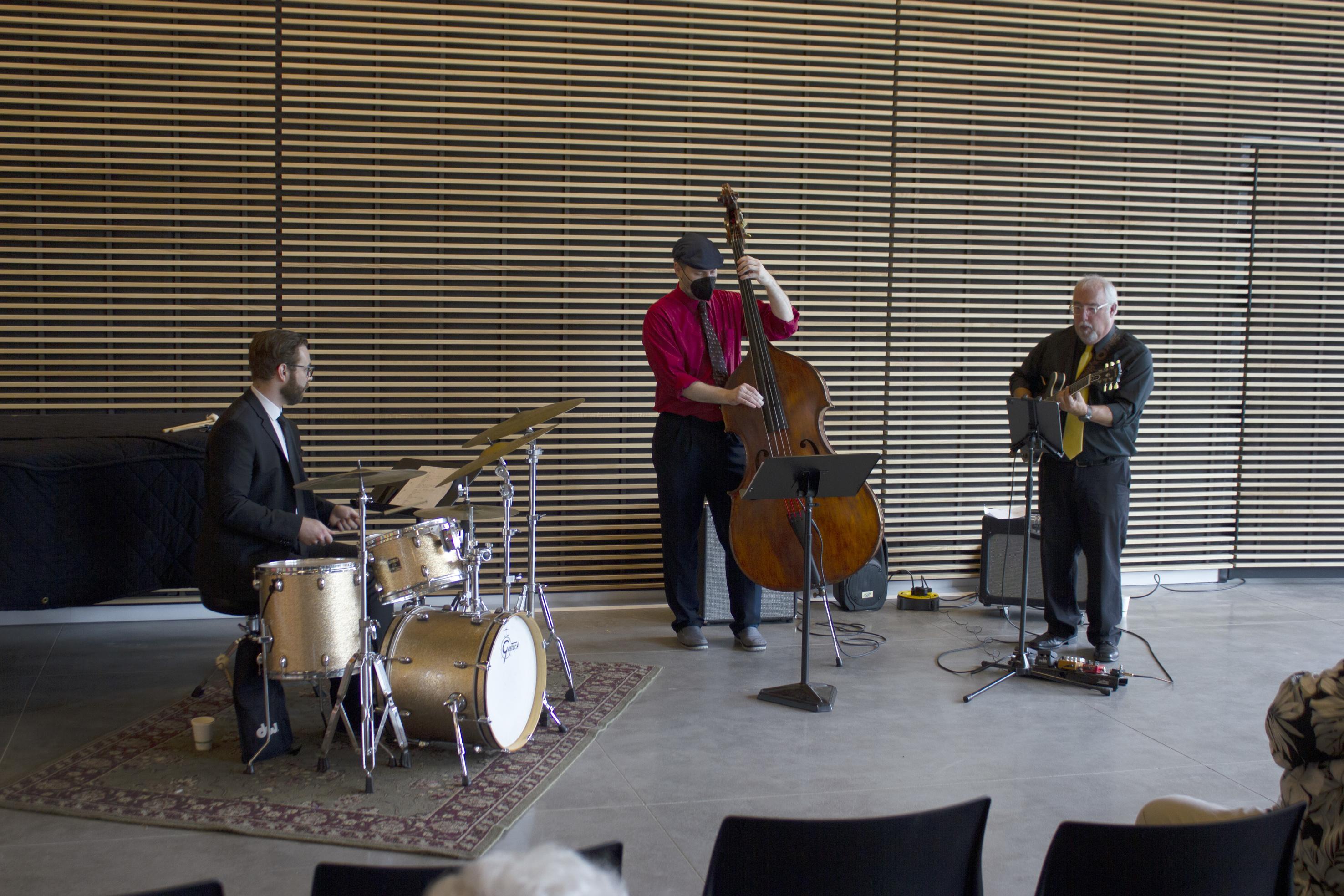 A trio of jazz musicians: drums, upright bass, guitar