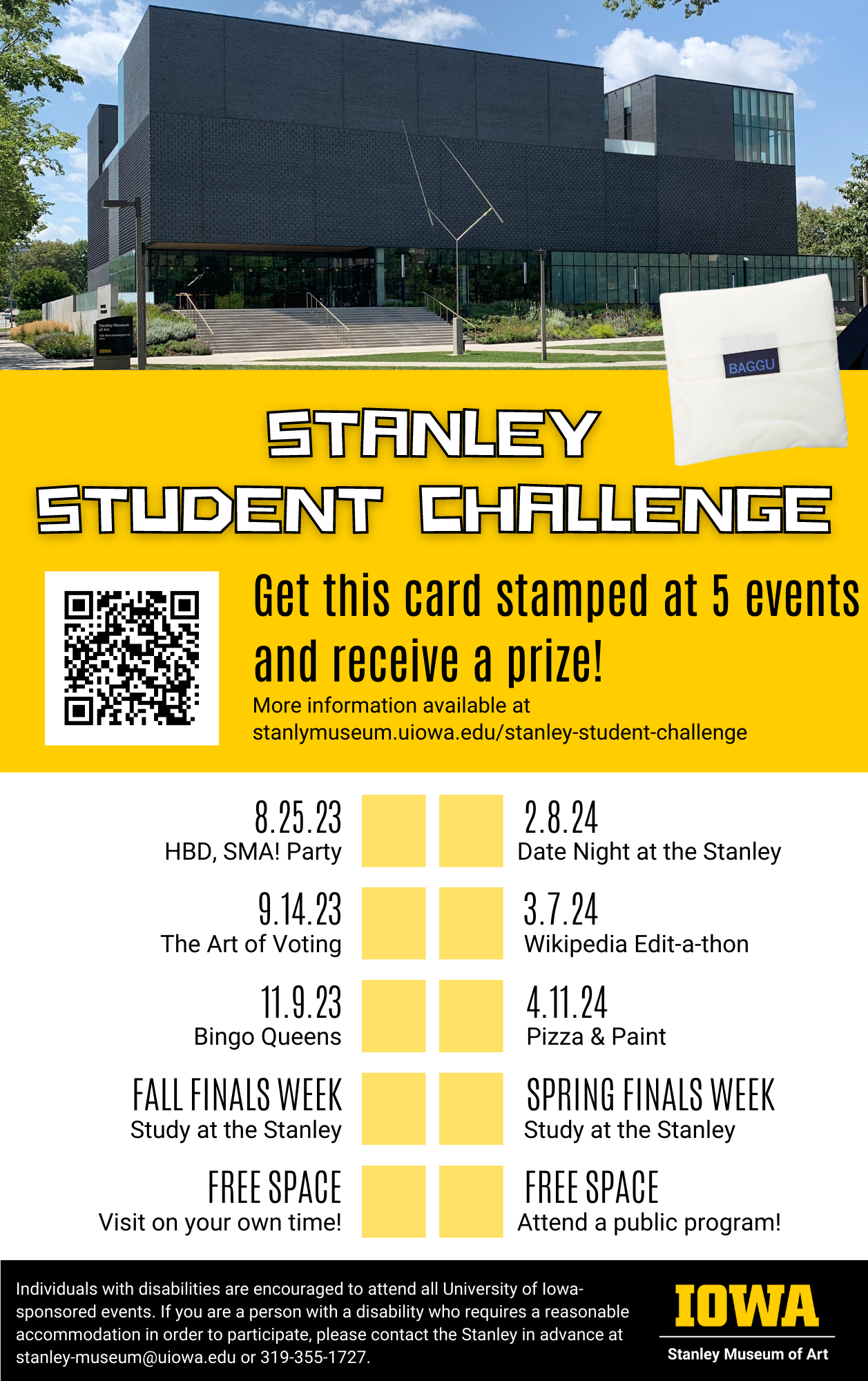 A flyer for the Stanley Student Challenge--it features an image of the Stanley Museum of Art building, and lists ten separate events for students that will occur during academic year 2023 - 2024.