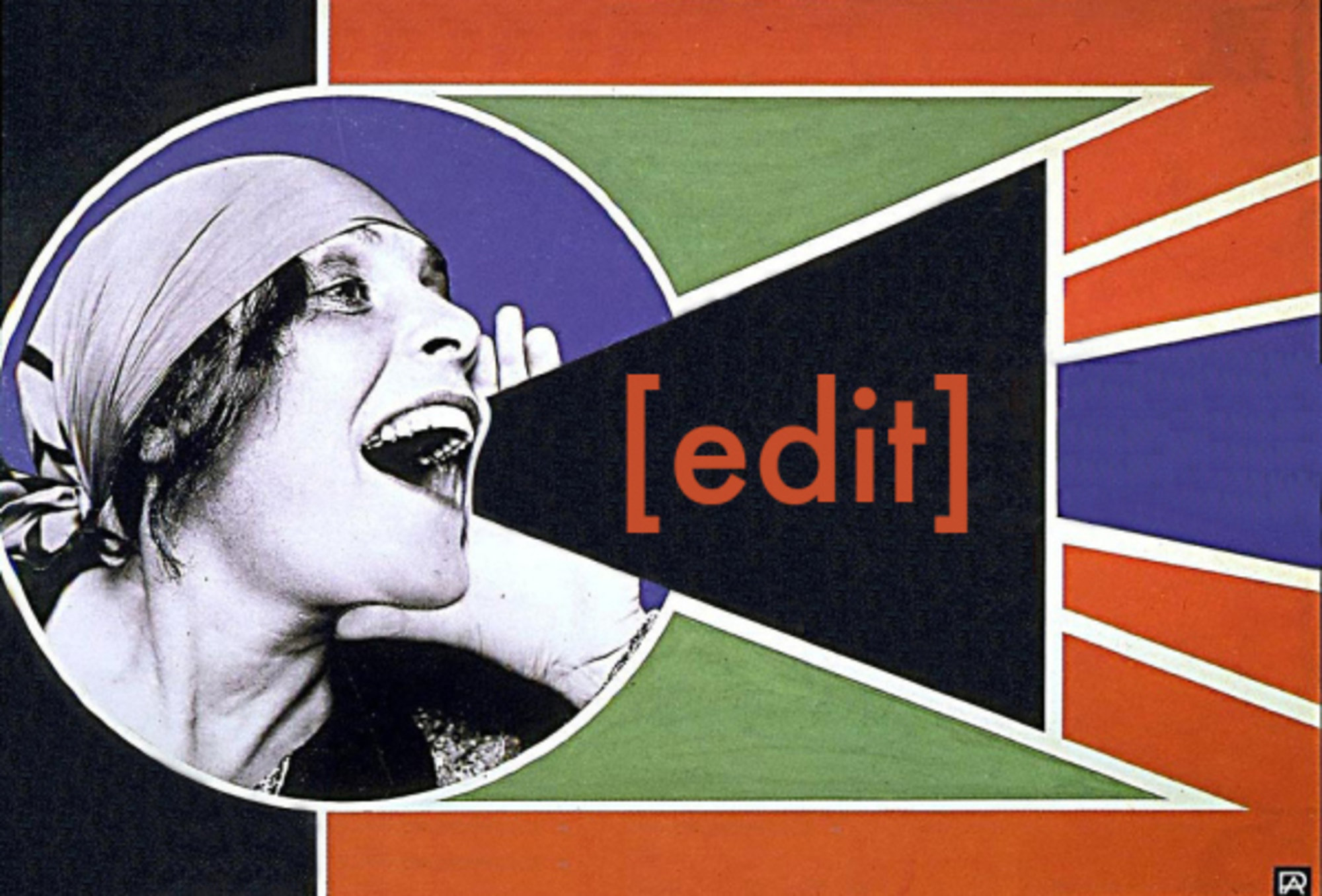 An image of a woman with short hair, her hand to her mouth as if calling out, with edited collaged colors around her and text reading "edit."