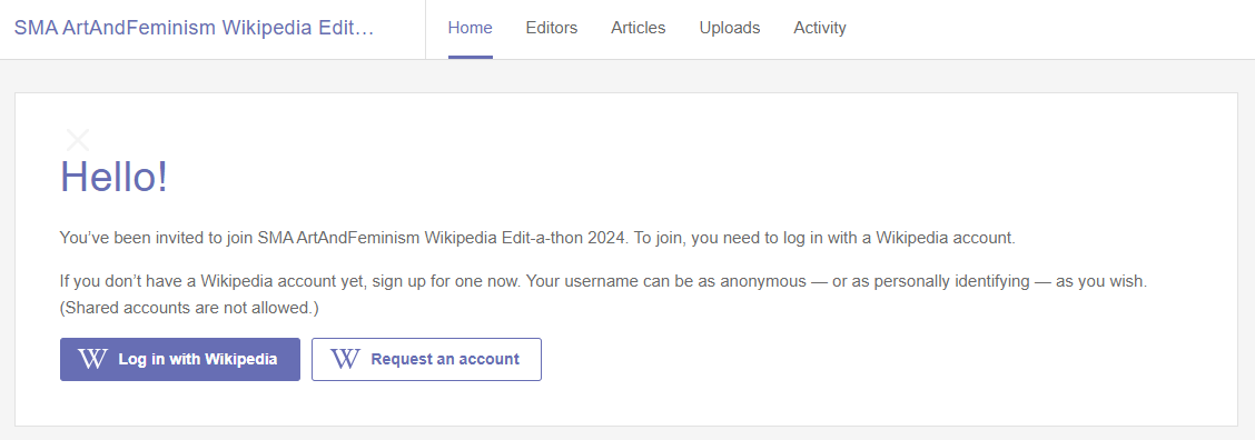 A screenshot of the Wikipedia outreach community page for the 2024 Edit-a-thon, welcoming visitors and prompting them to log in with Wikipedia or request an account.