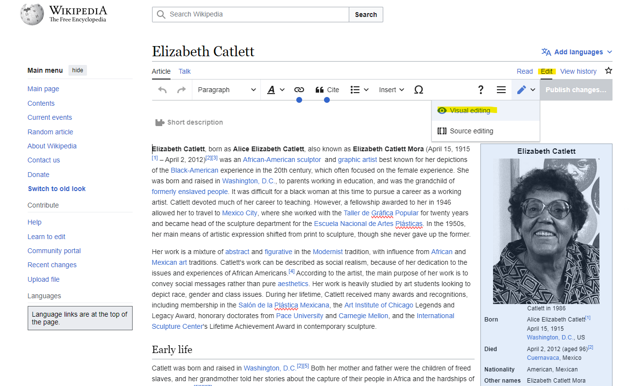 A screenshot of the Wikipedia page for Elizabeth Catlett, highlighting which buttons to press to begin to edit an article.