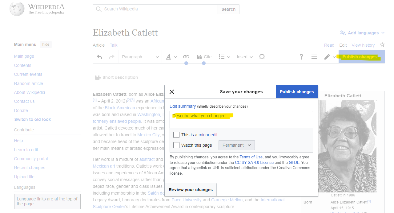 A screenshot of the Wikipedia page for Elizabeth Catlett, highlighting how to publish and summarize your edits.