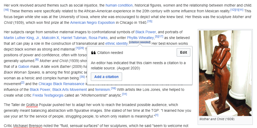 A screenshot of the Wikipedia page for Elizabeth Catlett, highlighting a claim that needs citation.