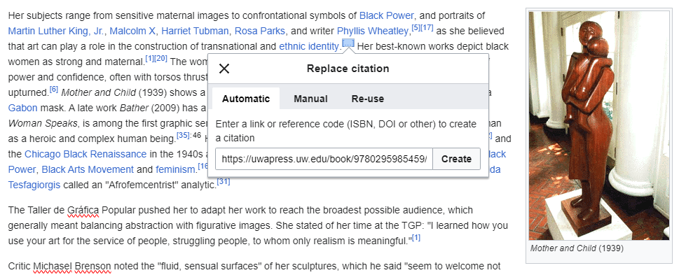 A screenshot of the Wikipedia page for Elizabeth Catlett, highlighting how to easily add citations.