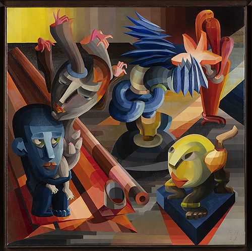 An abstract painting featuring distorted and exaggerated figures resembling chess pieces, set against a vibrant geometric background. The figures exhibit a mix of human and animal characteristics, with one resembling a blue-skinned human holding a cannon-like object, another bird-like with extended wings, a third with orange body and raised wings, and a fourth resembling a yellow-skinned feline creature. The dynamic composition creates an intriguing atmosphere.