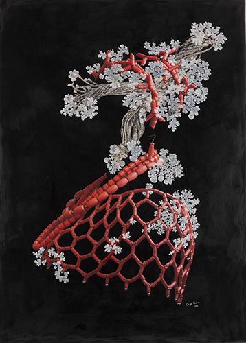 A detailed artwork of a red coral structure with intricate white blossoms, set against a dark background. The coral branches out in various directions, creating an asymmetrical yet balanced visual effect.