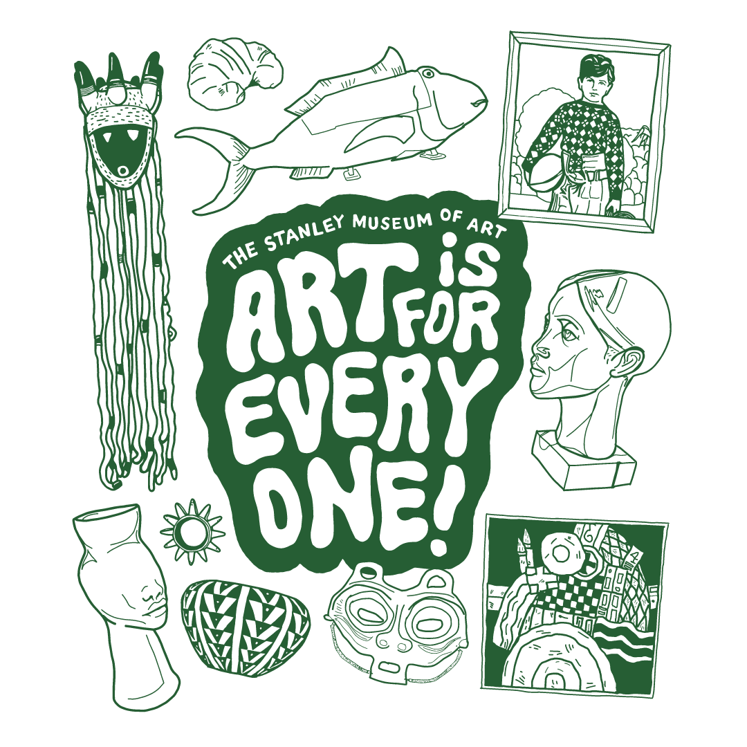 The design for the 2024 Stanley Student Challenge Baggu Design. It features a slogan that says "Art is for everyone," and line drawings of various works of art that have been on display at the Stanley throughout the year.