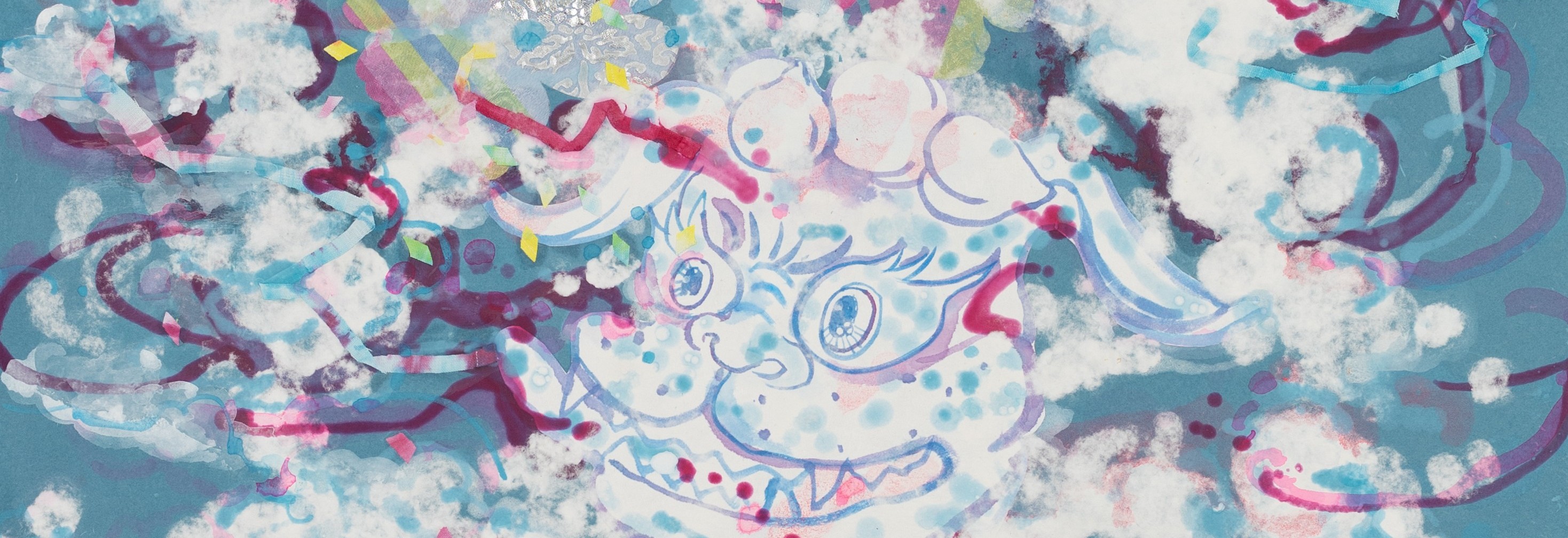 Mixed-media painting titled "Haetae (white cloud)" by artist Jiha Moon features a mythical guardian lion emerging from textured white clouds and colorful swirling ribbons on a teal background