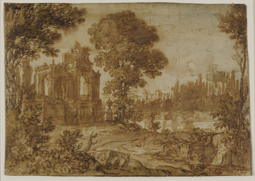 Drawing of a landscape in sepia tones, with trees, a lake, and castle like structure center left