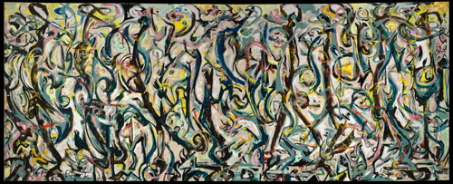 A large abstract painting with swirls of yellow, pink, teal, and light greenish blue, amid longer, vertical, curved black lines that have a quality of dance-like movement.