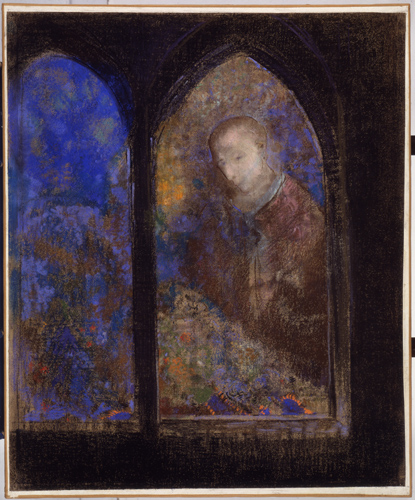 An oil pastel drawing of two stained glass window in a dark room, one of which extends off the edge of the drawing. The central window shows a blured figure in brown, while the other is primarily blue.