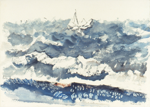 A watercolor painting in blue and white of a turbulent ocean with a sailboat visible on the horizon towards the center back.