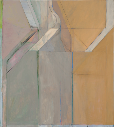 Three verticle panels of pastel green, blue, and yellow, angled towards the top like through a prism.