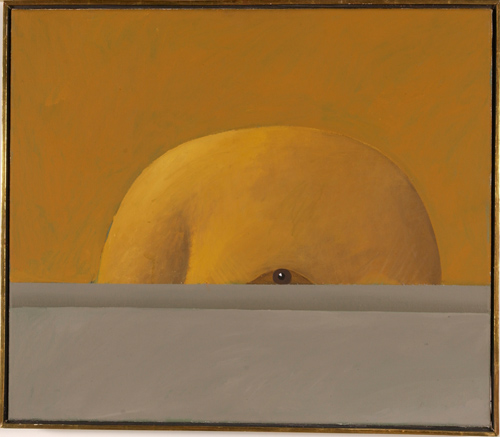 The top of a bald head peeks over a grey wall, with the eye half visible. The head and background are a similar color of orange, which makes the head appear camouflaged.