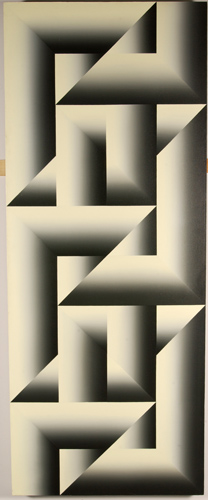 Several L-shaped pieces stacked over and interacting with each other. Each has a gradient from white to black, creating the feeling of an optical illusion.