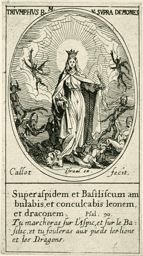 etching of the Virgin Mary with demons flying in the background
