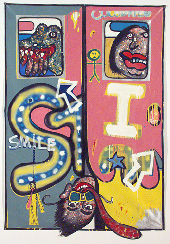 A painting in a style reminiscent of graffiti art, with a background that is primarily blue, pink, and yellow. A square  (top left) shows an alligator eating a human hand. A face with a large mouth and teeth (top right) sits above a large white letter “I”. There are large letters and arrows in the center of the painting, and the word “Smile” off of which a small naked figure hangs by the neck. At the bottom, an upside-down face with sunglasses (tilted down) sticks out a long tongue which rests on the bottom