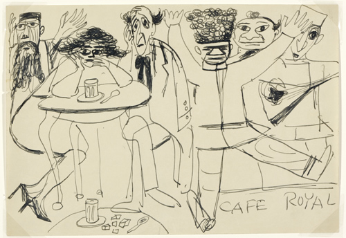 Ink drawing of several expressive people in a café. Two people at a table appear overwhelmed as others dance and play music around them. “Café Royal” is written in the lower right.