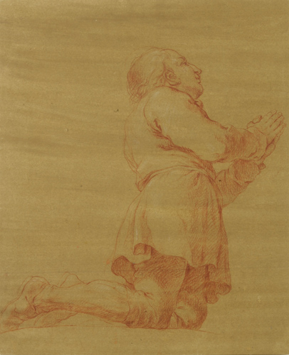 Red chalk drawing on yellowed paper of a person seen from below who is kneeling with hands together and raised.