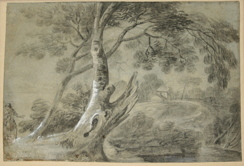 Chalk drawing of trees arching over a body of water. Tree in foreground has one branch broken off. A figure on far left motions towards the tree.