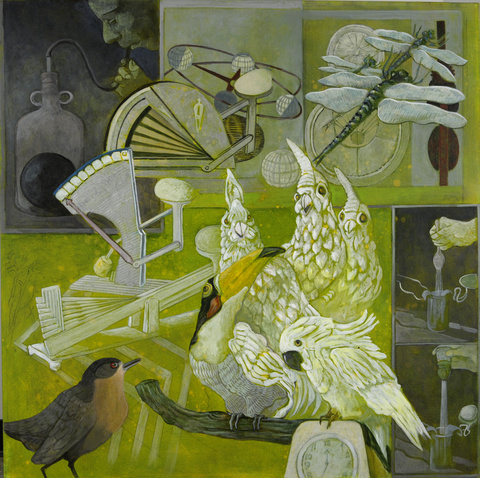 A painting, primarily in shades of green, with birds of different varieties in the foreground. The background shows a series of scientific instruments and processes. Three dragonflies fly towards the upper right corner.