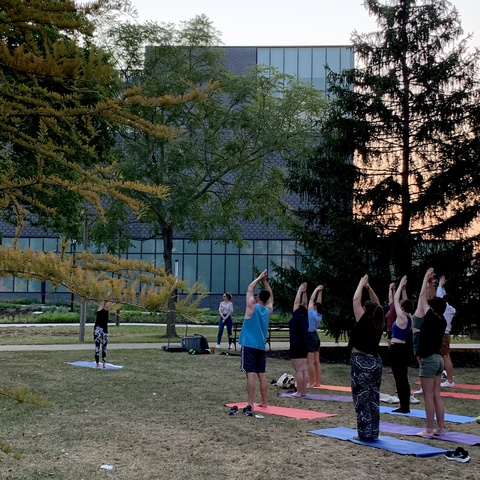 Students doing yoga in Gibson Square Park. The photo is taken from the side, with the Stanley Museum of Art visible in the background and the sky colored by the setting sun.