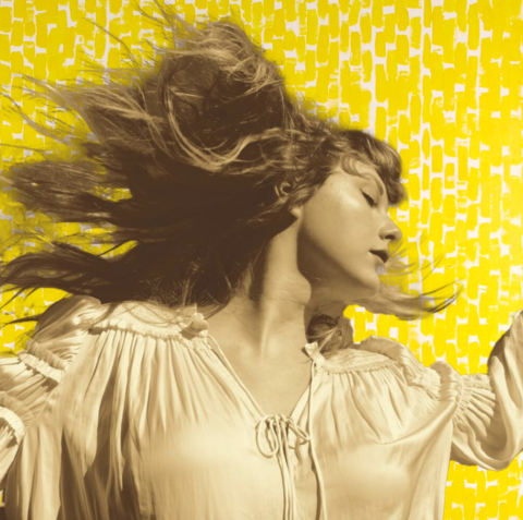 An edited image mashup of Taylor Swift's album "Fearless" and Alma Thomas's "Spring Embraces Yellow."
