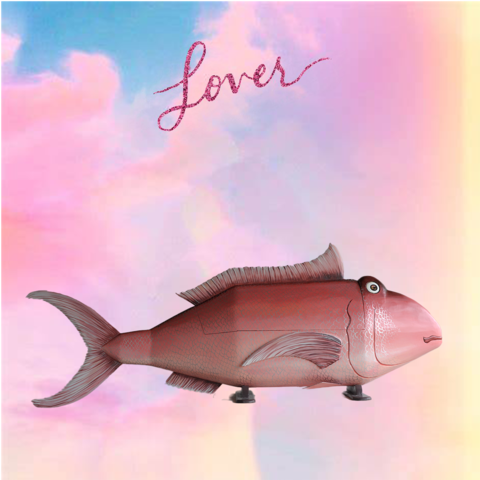 An edited image mashup of Taylor Swift's album "Lover" and Eric Adjetey Anang's fish coffin.