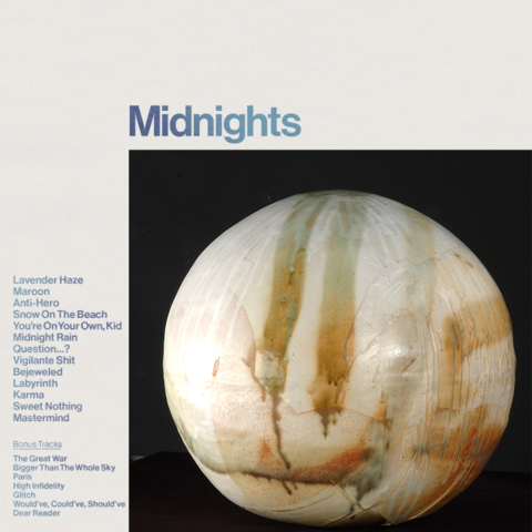 An edited image mashup of Taylor Swift's album "Midnights" and Toshiko Takaezu's"Moon."