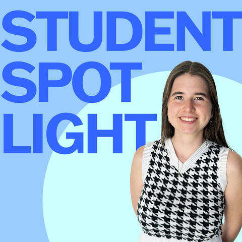 A graphic with the words "Student Spotlight" in shades of blue surrounding a photo of Annelies, smiling in a sweater vest.