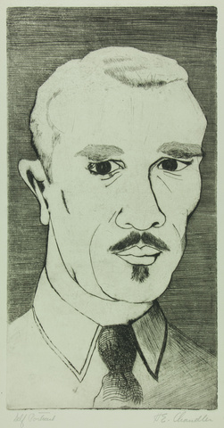 Black and white etching of a man with a thin mustache and goatee, shown from the shoulders up. He wears a white shirt and black tie, set against a dark background with visible linear etching.
