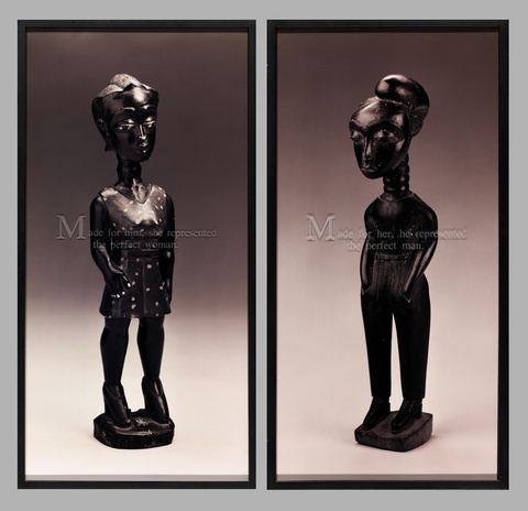 Two framed photos show carved wooden statues. The figure on the left has masculine features, with a feminine dress and heels on, and text overlayed on it that reads, "Made for him, she represented the perfect woman." The figure on the right depicts a feminine face with masculine pants on and text overlayed that reads, "Made for her, he represented the perfect man."