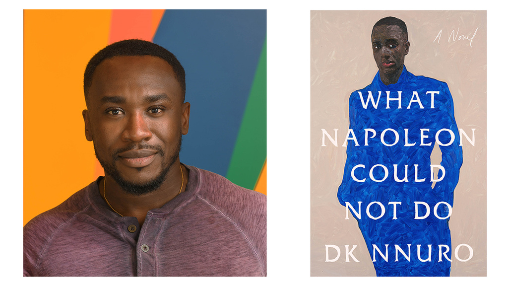Portrait of a Black man wearing a purple t-shirt standing in front of a wall with bright, geometric patterns. Right hand image is a book cover with an image of a Black man in a bright blue suit and the title "What Napoleon Could Not Do"