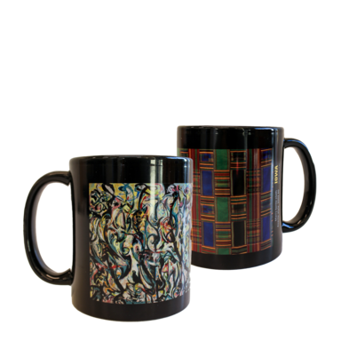 Two mugs with designs on them