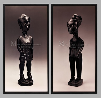 Two framed photos show carved wooden statues. The figure on the left has masculine features, with a feminine dress and heels on, and text overlayed on it that reads, "Made for him, she represented the perfect woman." The figure on the right depicts a feminine face with masculine pants on and text overlayed that reads, "Made for her, he represented the perfect man."
