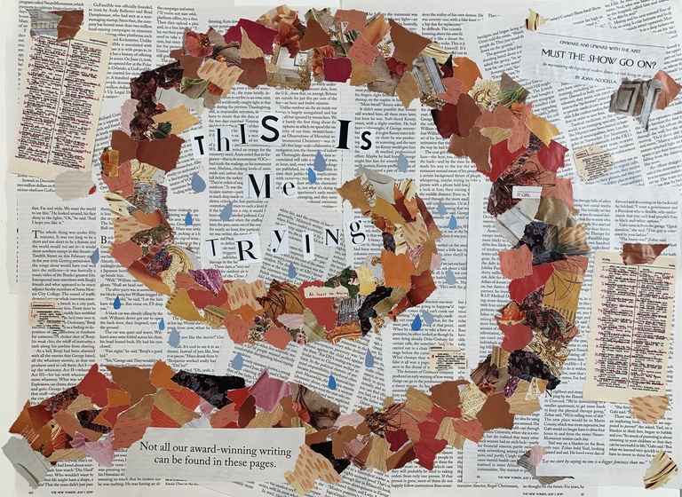 Anaka's art: a collage, with a central orange swirl and text in the middle that reads "this is me trying."
