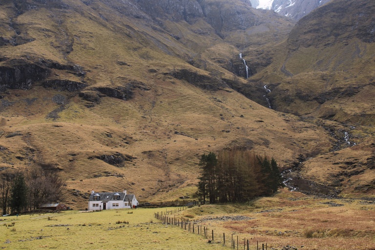 Annelise's art: a photo of a house and waterfall in the Scottish Highlands.