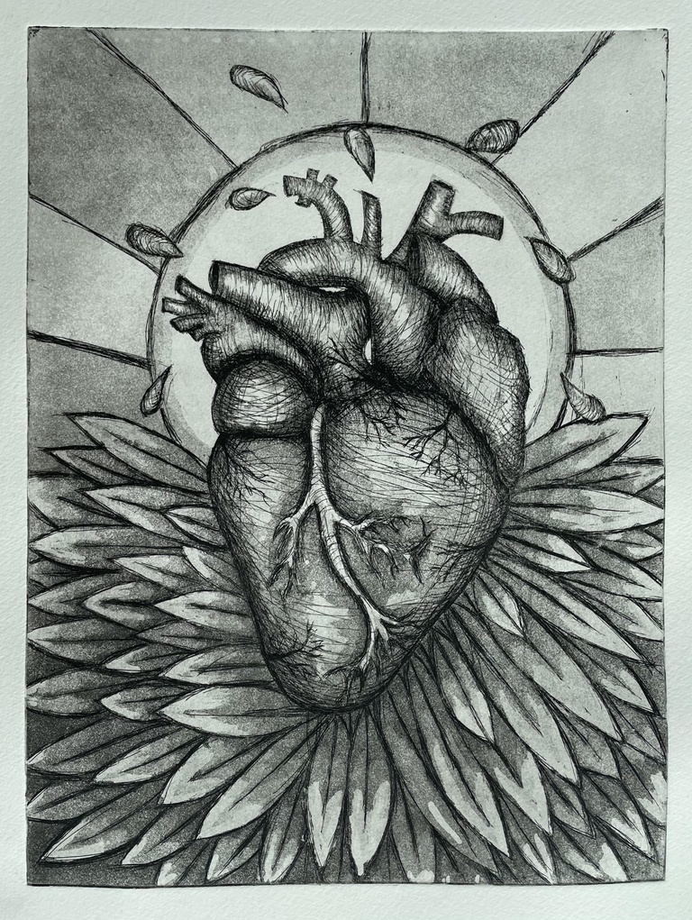 Erin's art: an image of a heart, with feathers and rays of light coming out of it, in dark detail.