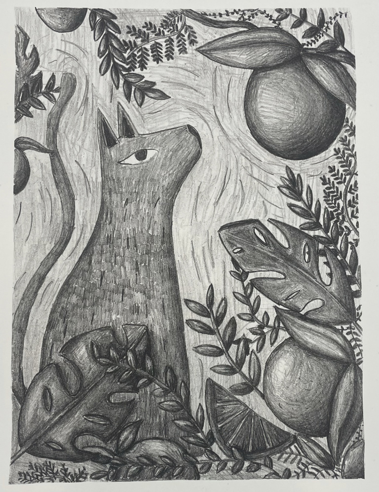 Erin's art: a black and grey image of a small creature surrounded by nature motifs.