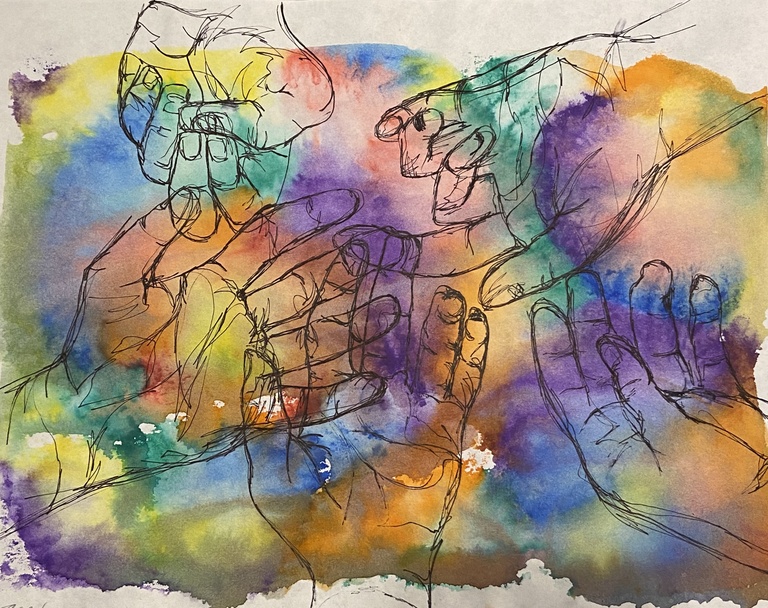 Grace's art: a lineart drawing of multiple hands atop a colorful watercolor background.