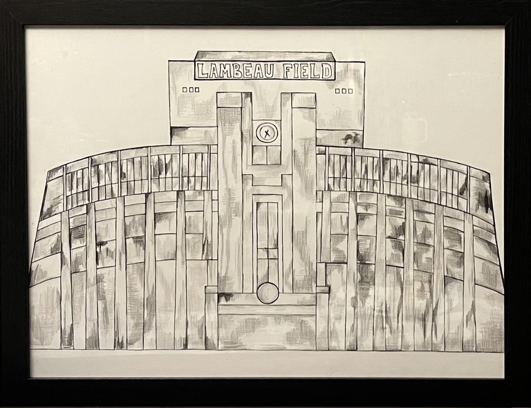 Grace's art: a black and white ink drawing of Lambeau Field