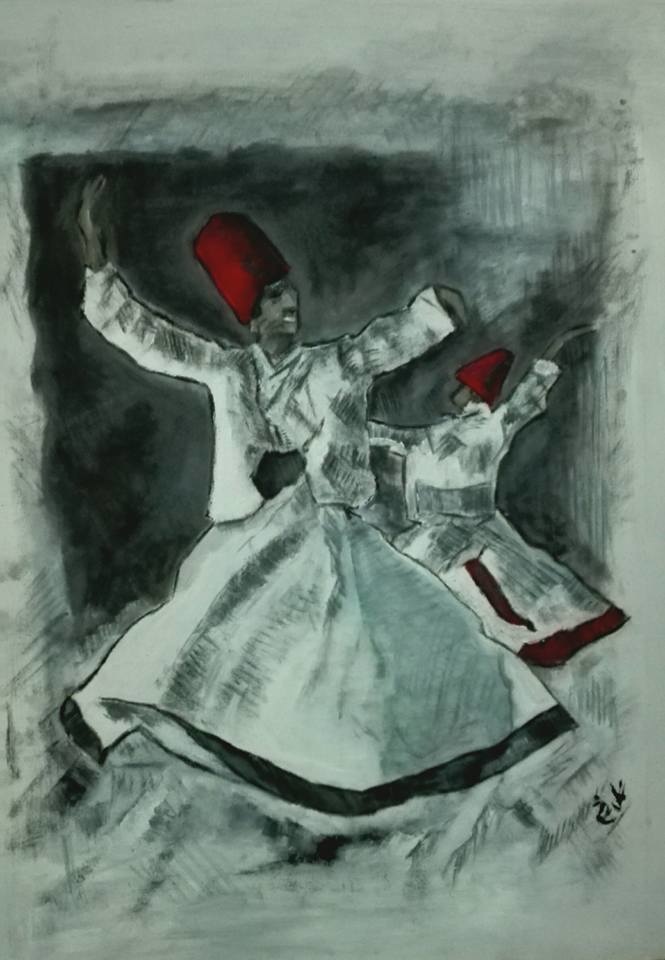 GulRukh's art: a sketchy drawing of someone in a white outfit, dancing.