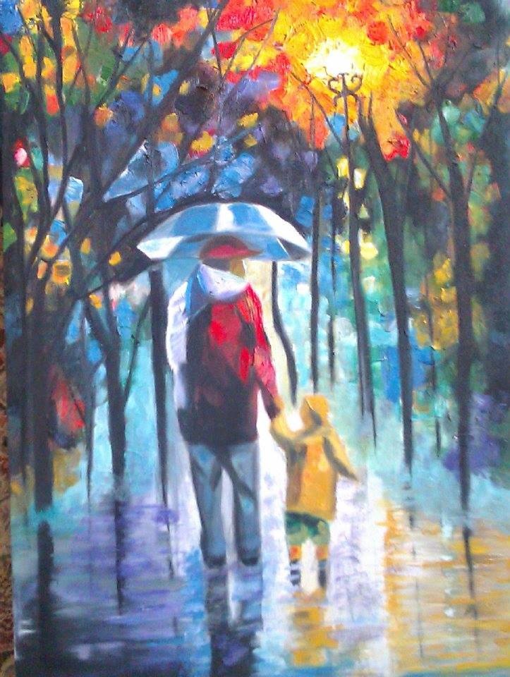 GulRukh's art: a colorful painting of a person and a child walking through the rain with trees.