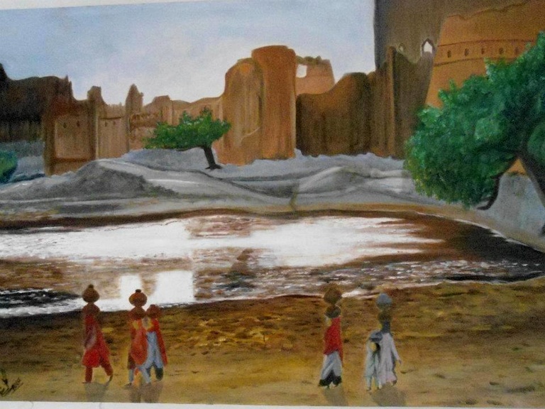 GulRukh's art: a painting of people with baskets on their heads walking in front of a body of water.