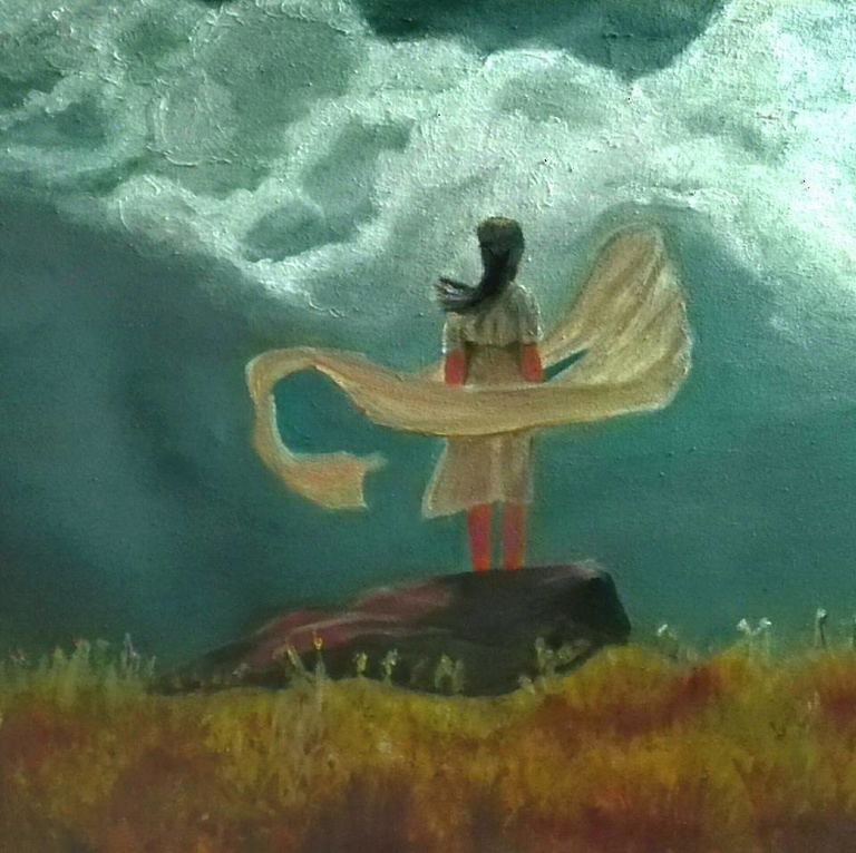 GulRukh's art: a painting of a person standing on a rock in a sea of wheat, their shawl billowing in the wind around them.