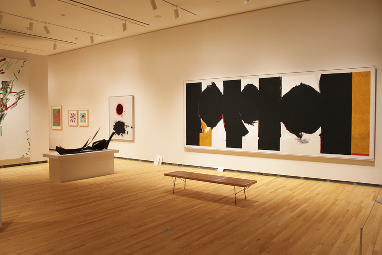 An installation shot of the galleries at the Stanley Museum of Art. Prominently featured is the Robert Motherwell.